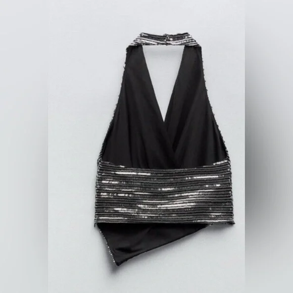 ZARA Black and Silver Sequin Halter Top size small - Picture 5 of 9